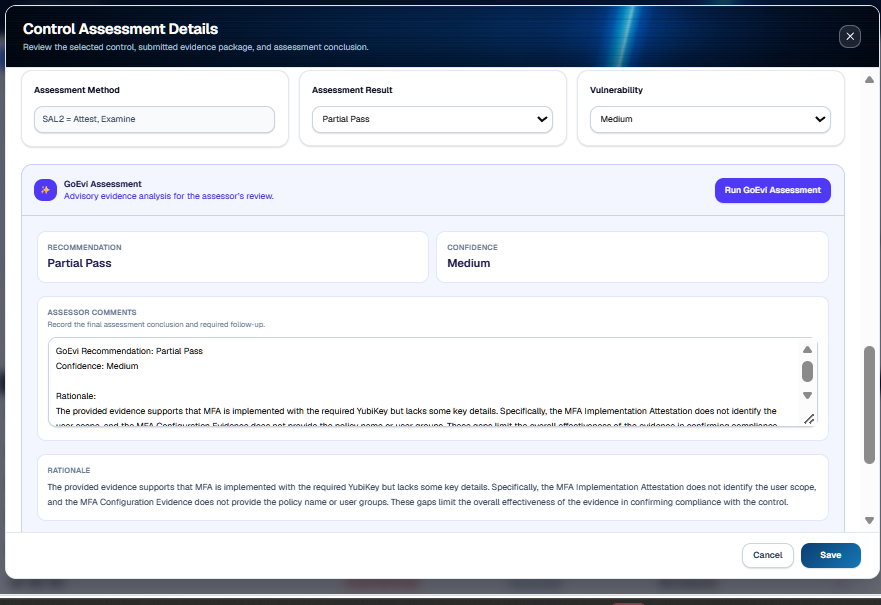 GoEvi Control Assessment Details showing the GoEvi recommendation, confidence and rationale for a submitted evidence package.